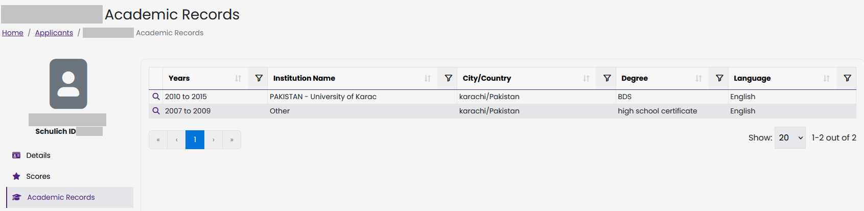 Academic Record Pane