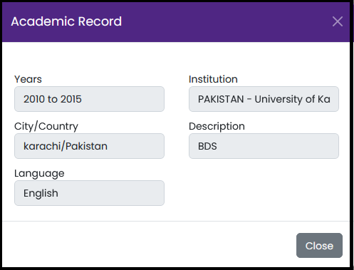 Academic Record modal