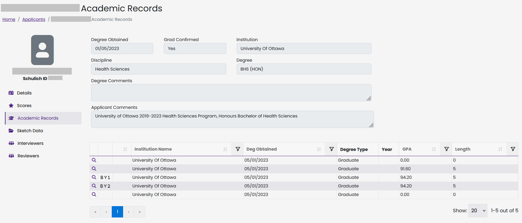 Academic Record Pane