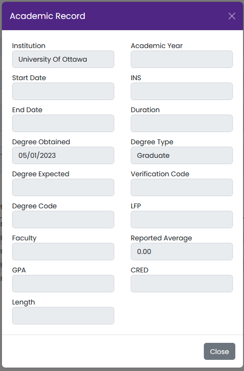 Academic Record modal