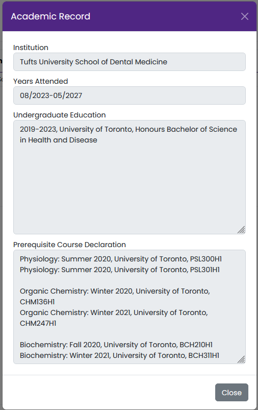 Academic Records modal