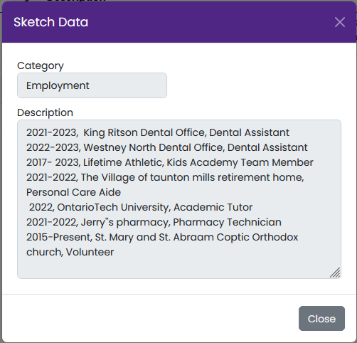 Sketch Data modal